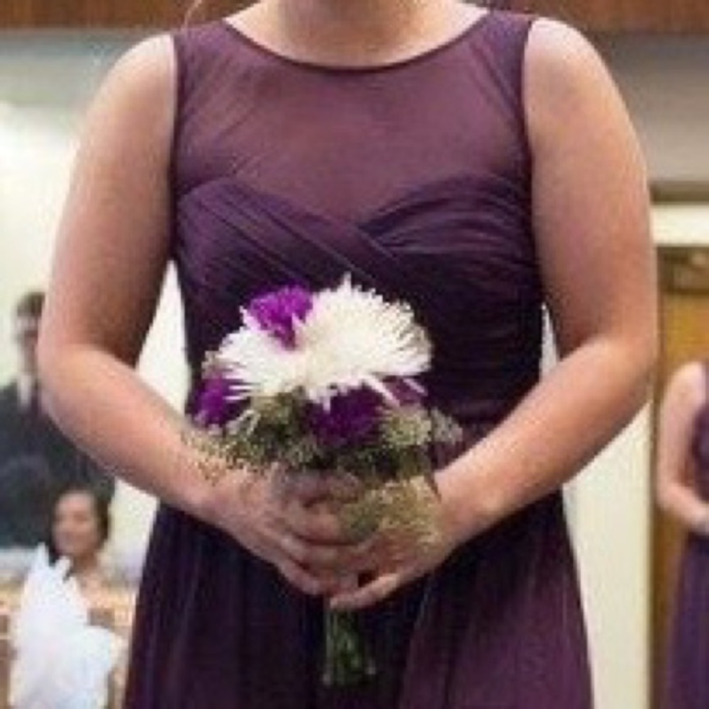 David’s Bridal Mesh Illusion Neckline Dress in Plum